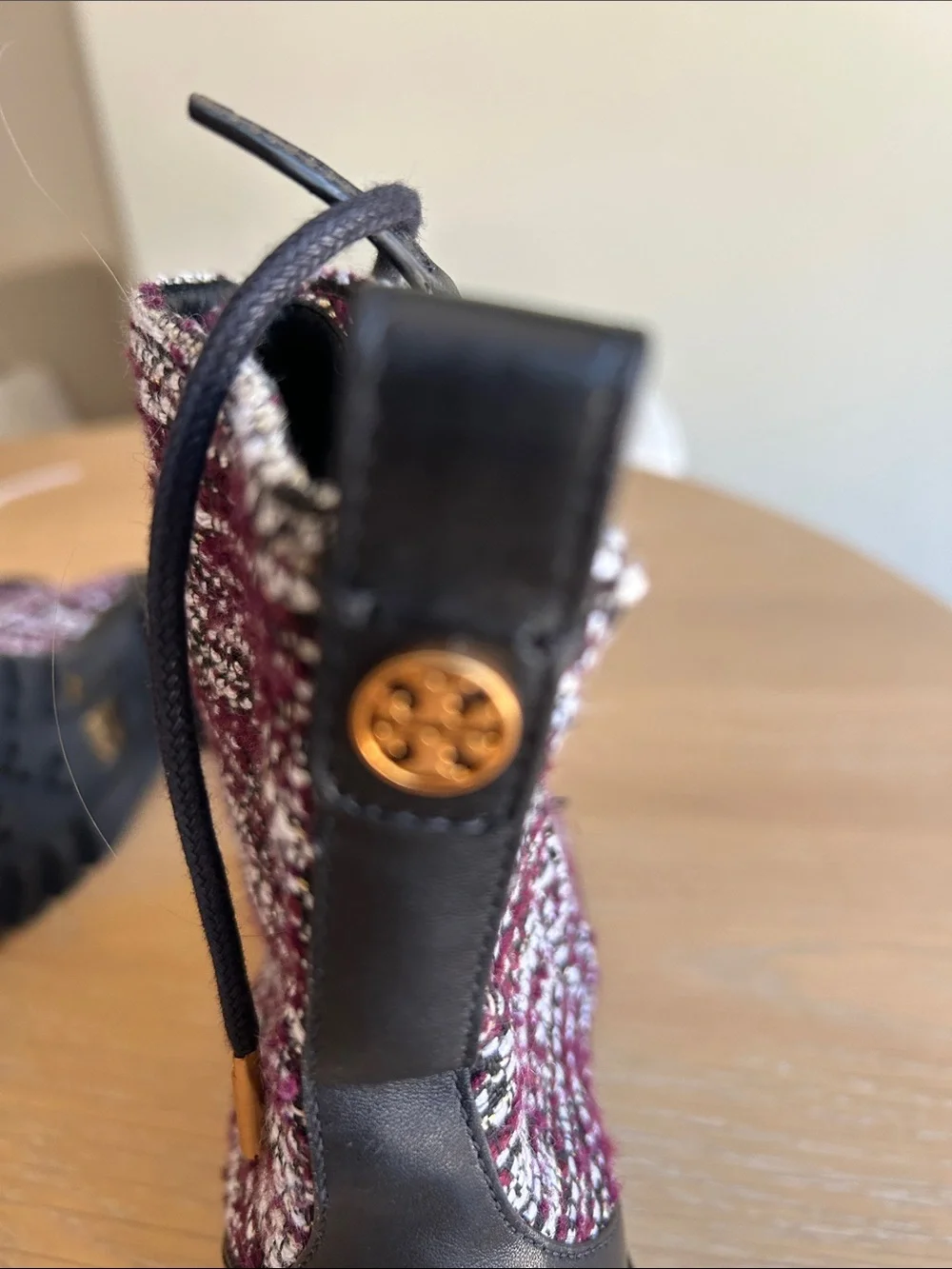 Tory Burch Miller Combat Tweed & Leather Lace Up Booties Burgundy/White 7.5 NWOT